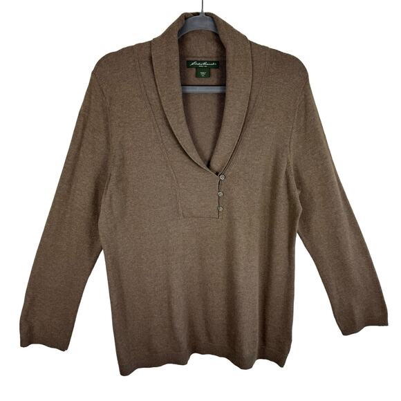 Eddie Bauer Tan Brown Long Sleeve Cowl Neck Cotton Nylon Pullover Sweater Sz PXL - Picture 1 of 5